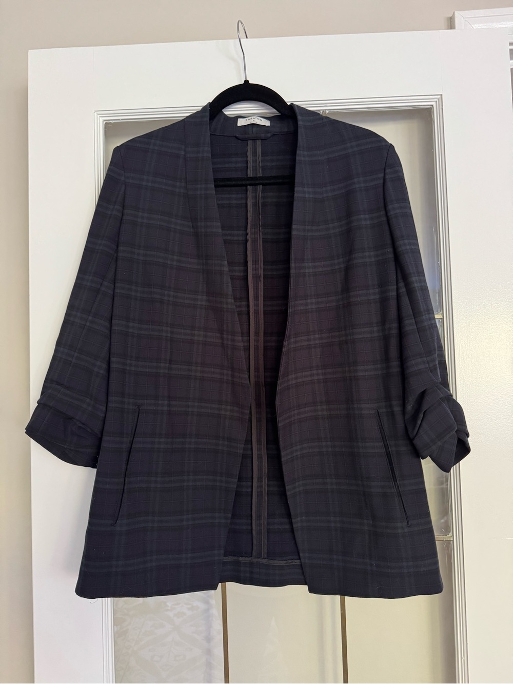 Open-Front Plaid Blazer Jacket in Navy